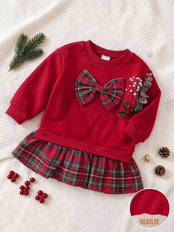 SHEIN 女嬰紅色加厚刷毛聖誕格紋拼接荷葉邊洋裝，附蝴蝶結裝飾，適合聖誕節與冬季穿著