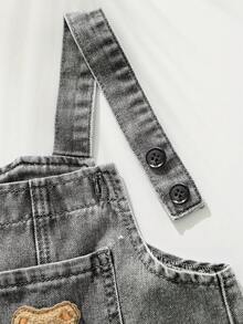 Cozy Pixies Baby Boy Summer Bear Embroidery Pocket Denim Bib Pants - Light Grey - View 7