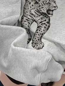 SHEIN EZwear 復古豹紋圖案連帽長袖寬鬆女款運動衫，秋季運動衫，適合日常通勤、派對、秋冬/夏季、聖誕節、新年、感恩節、派對、婚禮、海灘、畢業典禮、優雅、外出、約會、通勤、情人節、優雅、度假、Y2K、畢業典禮等場合 - 淺灰色 - 查看 3