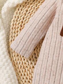 SHEIN Newborn Baby 2pcs Romper Set, Ribbed Long Sleeve Outfit With Rainbow Embroidery And Ear Beanie, Beige Minimalist Spring Autumn Infant Clothing - Apricot - View 6