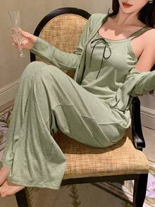 DAZY 3件組波浪邊裝飾領結領口吊帶短版開襟衫直筒睡褲家居服套裝 - 綠色 - 查看 1