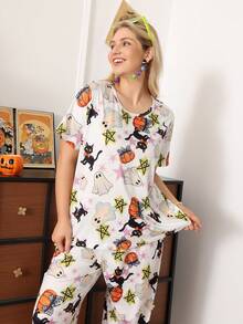 Chillnights Plus Size Women's Halloween Ghost & Pumpkin Print Short Sleeve & Long Pants Pajama Set - Multicolor - View 4