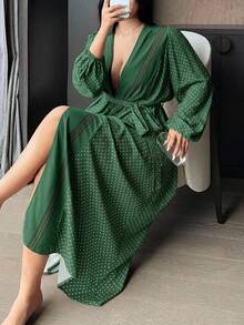 Dazy Plus Colorblock Polka Dot Tie Long Elegant Red Long Sleeve Spring Summer Autumn Nightgown - Dark Green - View 1