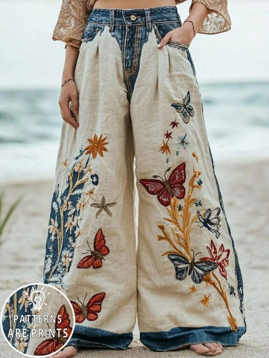 SHEIN LUNE Plus Size Women Boho Denim Patchwork Floral Butterfly Print Elastic Waist Wide Leg Pants With Pockets Lightweight Daily Vacation Casual Trousers Fall - Multicolor - View 1