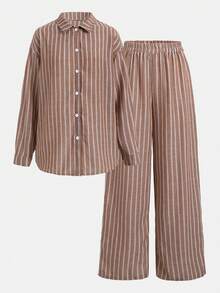 SHEIN 青少年女孩秋季新款咖啡棕條紋休閒極簡寬鬆長袖上衣與長褲套裝 - 卡其色 - 查看 4
