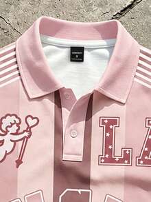 Manfinity LEGND 男士休閒條紋印花短袖 Polo 衫，夏季領口字母圖案上衣 - 粉色 - 查看 4