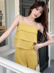 Livesso Women's 2 Pieces Summer Holiday Set With Yellow Ruffle Camisole Top And Casual Long Pants Thin Clothing - Yellow - View 2