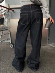 DAZY Celana Jeans Kasual Wanita Warna Polos Model Lurus Gaya Y2k - Dark Wash - View 9