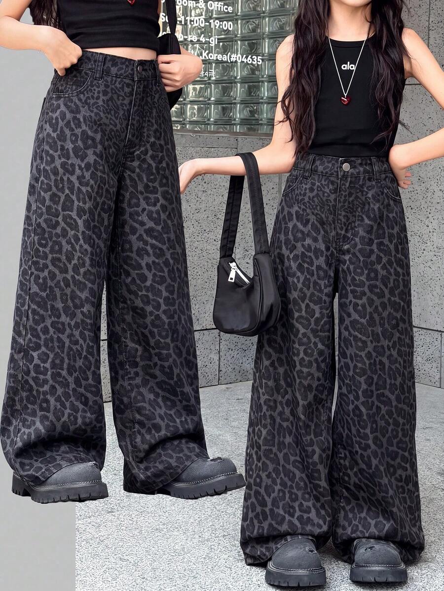 SHEIN 少女豹紋印花鈕扣口袋休閒日常牛仔褲 - 灰色 - 查看 1