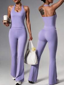 Dewbera Dewbera Halter Neck Tank Top & Flare Pants Sports Set, Purple - Purple - View 2