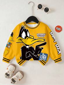 LOONEY TUNES X SHEIN 小男孩字母卡通印花圓領長袖運動衫 - 白色 - 查看 1
