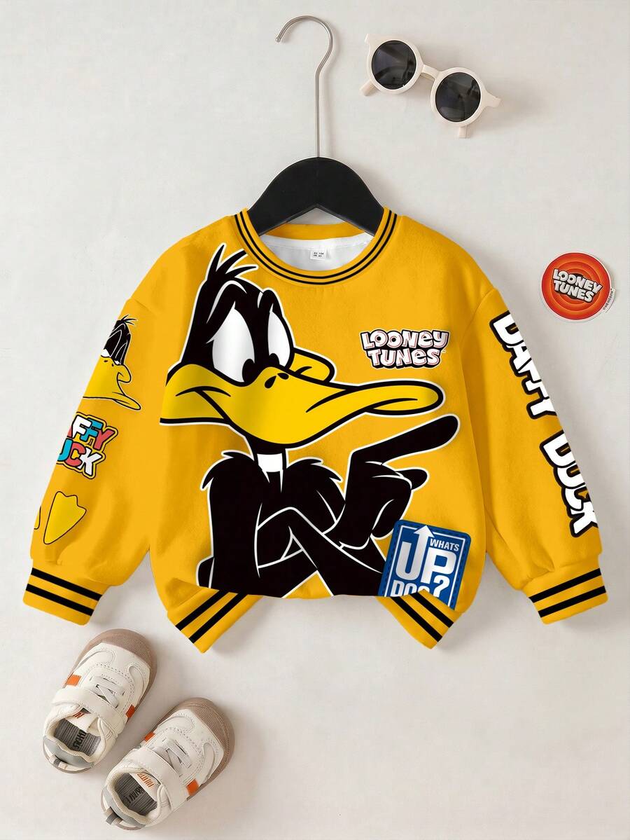 LOONEY TUNES X SHEIN 小男孩字母卡通印花圓領長袖運動衫 - 白色 - 查看 1