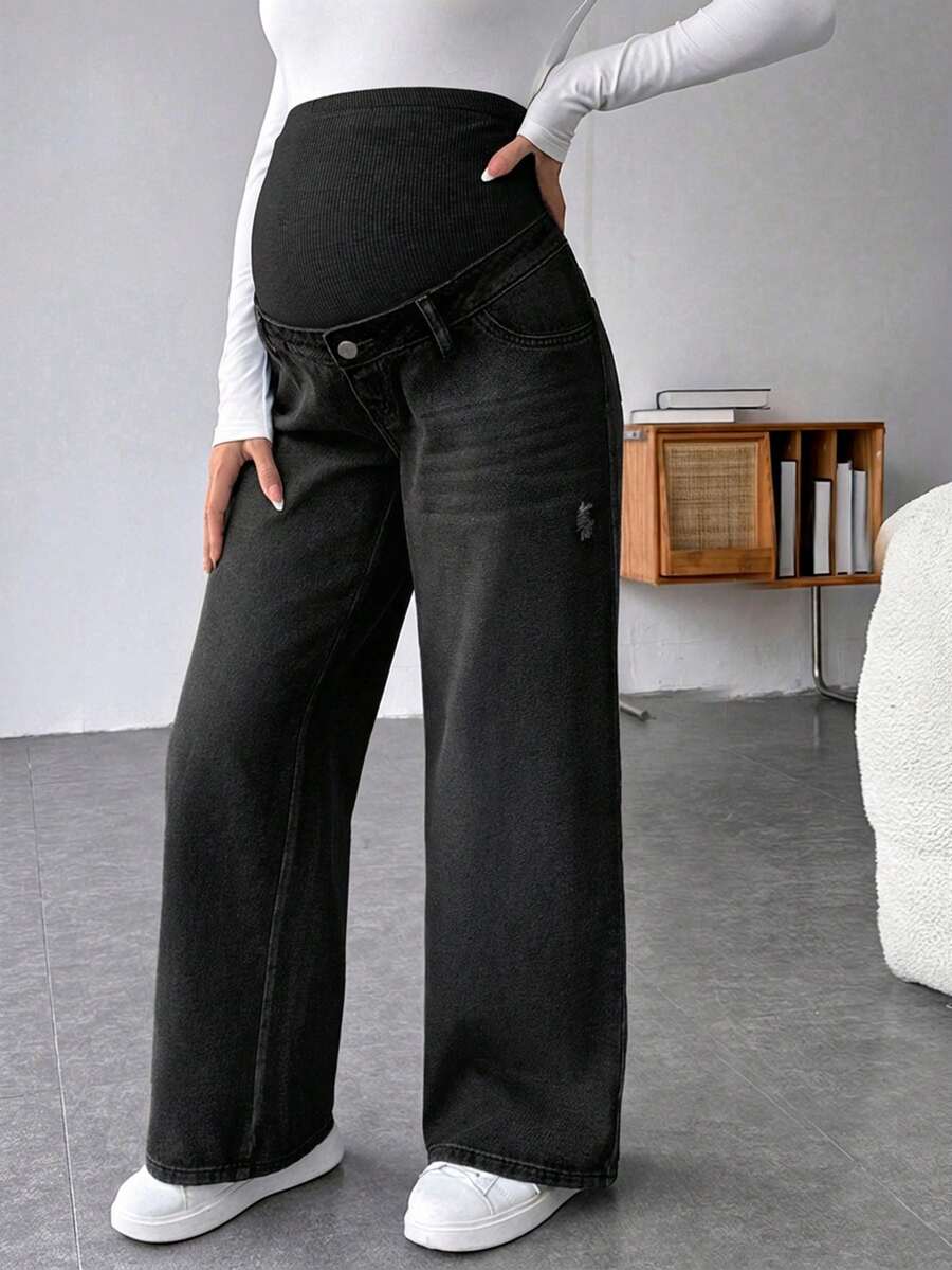 SHEIN 孕妇休闲宽松直筒牛仔裤，腰带拼接设计 - 黑色 - 查看 1