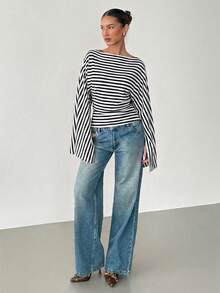 Siren Gaze Women's Striped Casual Versatile Long Sleeve T-Shirt For Daily Wear - Black and White - View 3