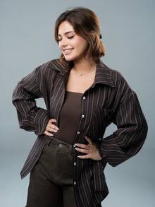 SARA VAULT Autumn Spring Brown Artistic Style Fine Striped Colorblock Patchwork Loose Business Casual Vacation Fashion Street Metal Belt Ruched Button Long Sleeve Women's Shirt - Brown - View 3