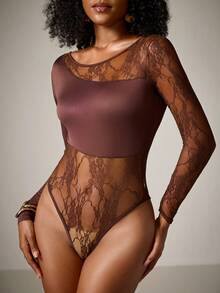 DreamPoppy Women's Sexy Lace Patchwork Long Sleeve Sheer Asymmetrical Neckline Jumpsuit - Coffee Brown - View 6