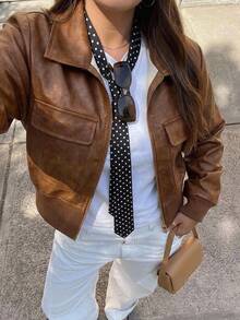 Dazy Plus Jaket Kasual Blogger Model Longgar Warna Cokelat untuk Musim Semi/Gugur, Jaket Luar Biasa - Mocha Brown - View 3