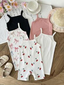 SHEIN Set de 5 piezas de mono informal para bebé niña con patrón de corazón de unicolor tejido - Multicolor - Ver 4