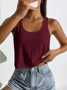 SHEIN EZwear 女款休閒寬鬆深U領短版背心 - 酒紅色 - 查看 9