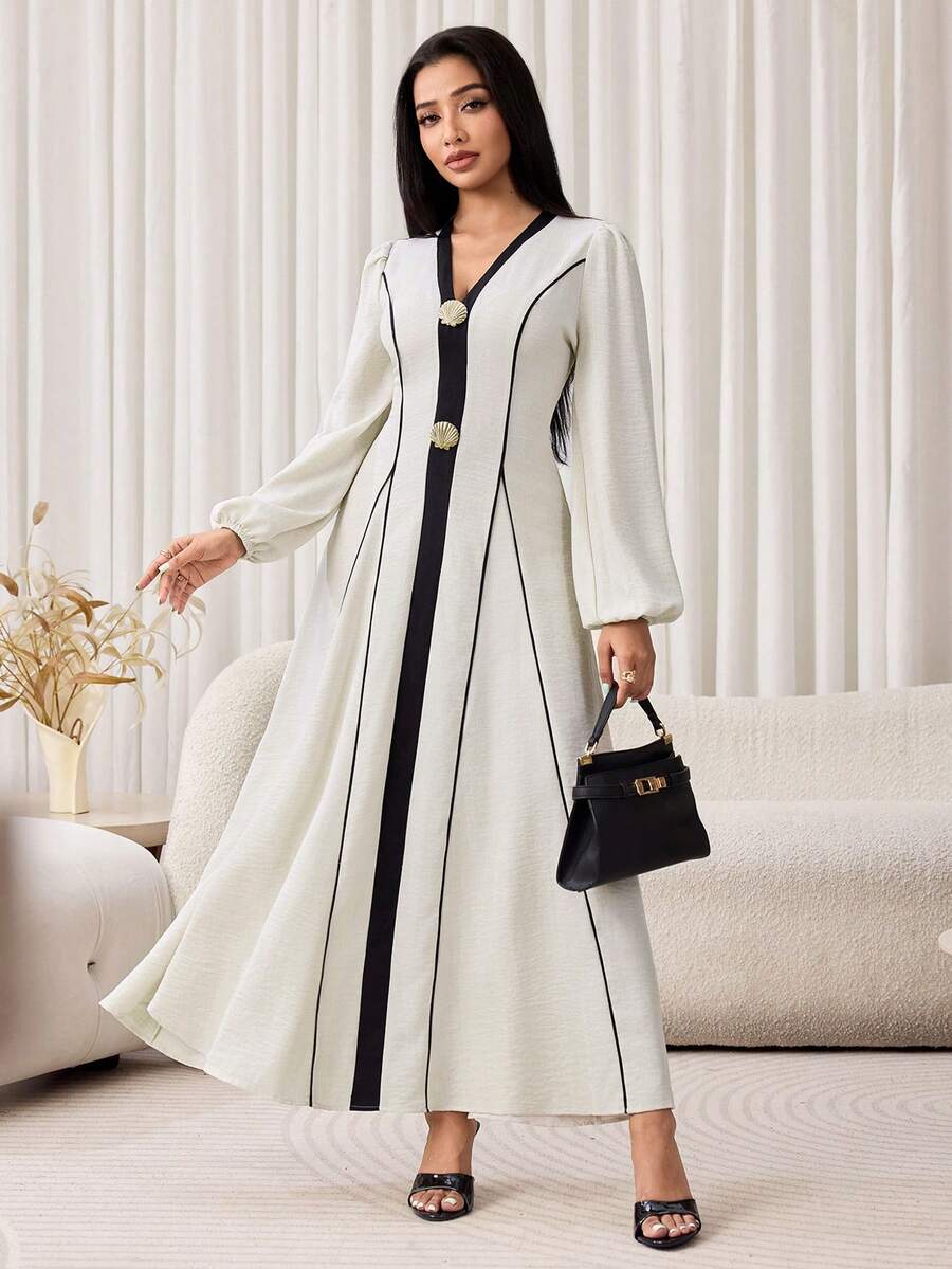Veilorie Women's Color Block V-Neck Casual Elegant Modest Party Long Dress Off-White Autumn - Apricot - View 1