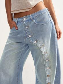 Bohemela Celana Jeans Denim Kasual Wanita dengan Kancing Depan - Light Wash - View 4
