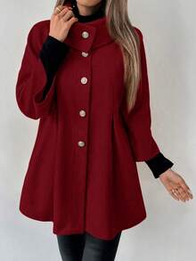 SHEIN LUNE Women's Solid Color Single-Breasted Raglan Sleeve Pleated Elegant Overcoat, Autumn/Winter - Burgundy - View 3