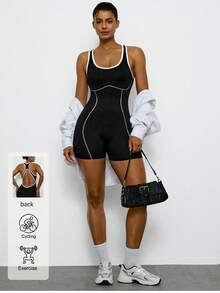 Levarali Plus Size Women's Backless Jumpsuit, Suitable For Daily Fitness And Sports, Yoga Jumpsuit, Summer Sportswear - Black - View 1