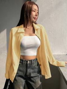 DAZY 女式宽松休闲纯色长袖衬衫，秋装 - 黃色 - 查看 5