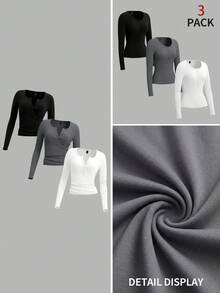 SHEIN EZwear 3 件装极简主义黑、白、灰色针织长袖 T 恤，大码女款，适合秋冬季 - 彩色 - 查看 6
