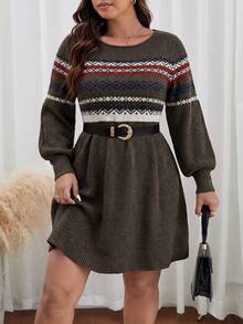 SHEIN Frenchy Plus Size Autumn/Winter Casual Geometric Pattern Knit Dress - Army Green - View 6
