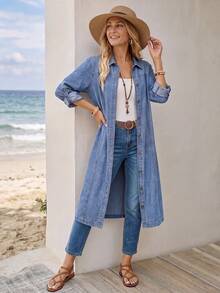 EMERY ROSE Women's Single-Breasted Casual Everyday Denim Top Fall/Winter - Blue - View 3
