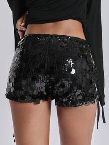 ACID BLVD Women Carnival Party Black Glitter Sequin Sexy Low Waist Stretchy Mini Shorts - Black - View 3