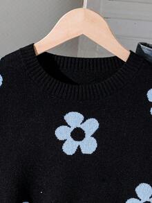 SHEIN 少女花卉圖案圓領長袖休閒毛衣 - 黑色 - 查看 3
