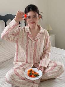 Dazy Plus 2件組女款春季全印花睡衣套裝，適合度假穿著 - 粉色 - 查看 7