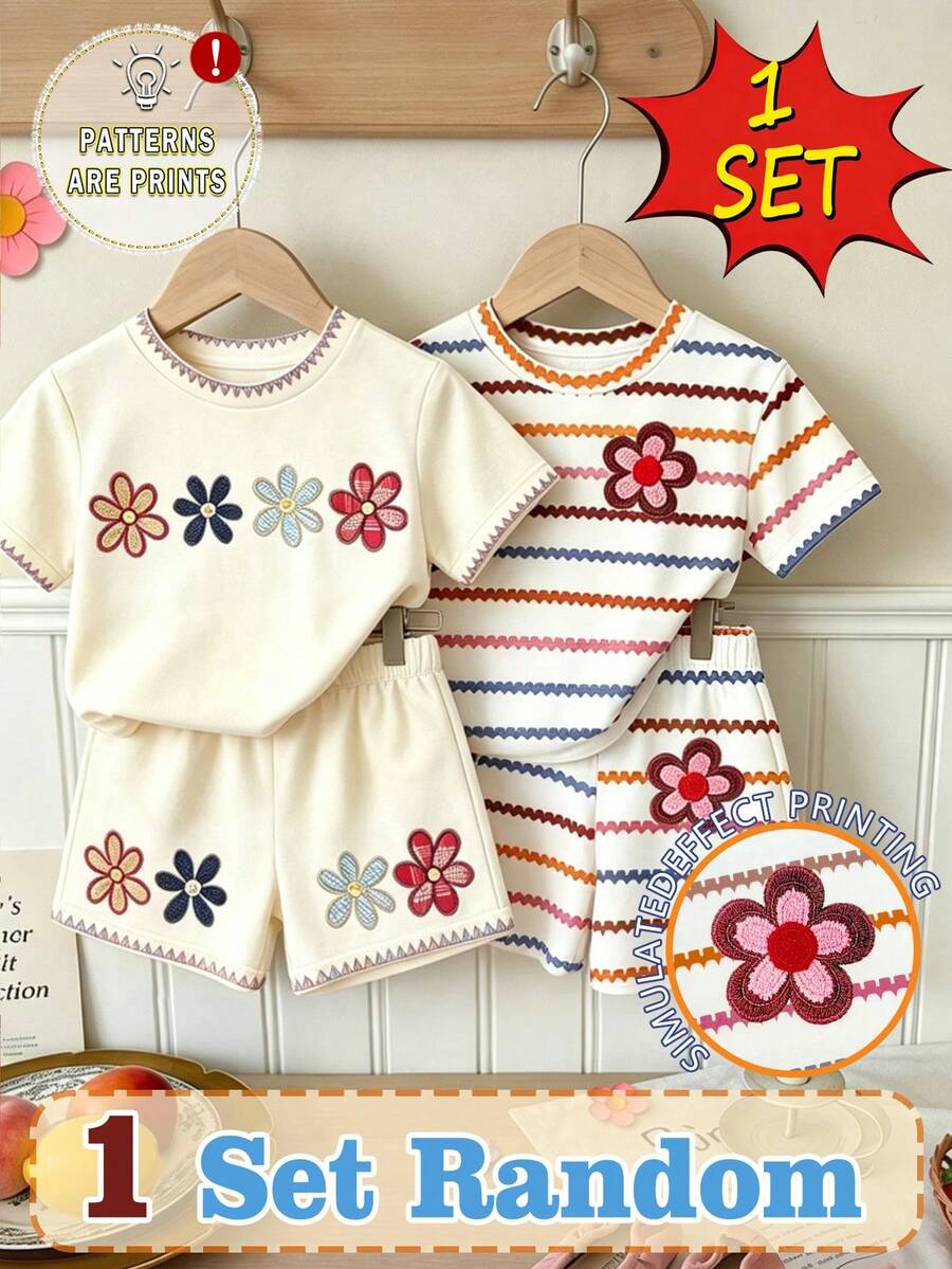 Souflis Souflis (隨機3款,發貨1套)嬰兒女童清新簡約彩色棕色條紋、彩色花朵、小狗、愛心、波點圖案基礎短袖T恤短褲套裝 - 彩色 - 查看 1
