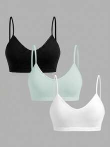 SHEIN Girlism 兒童青少年女孩黑白綠 3件組簡約V領背心、墊肩內衣與賽車背內褲套裝，舒適素色，春夏穿著，Clean Girl/美式風格，青少年女孩 - 彩色 - 查看 3