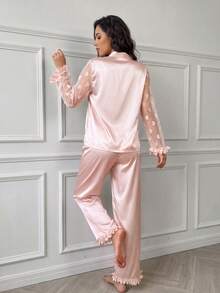 Rafferiza 3pcs Floral Lace Heart Mesh Splice Faux Silk Women Long Sleeve Top And Pants Pajama Set, Fall Winter Clothes - Pink - View 2