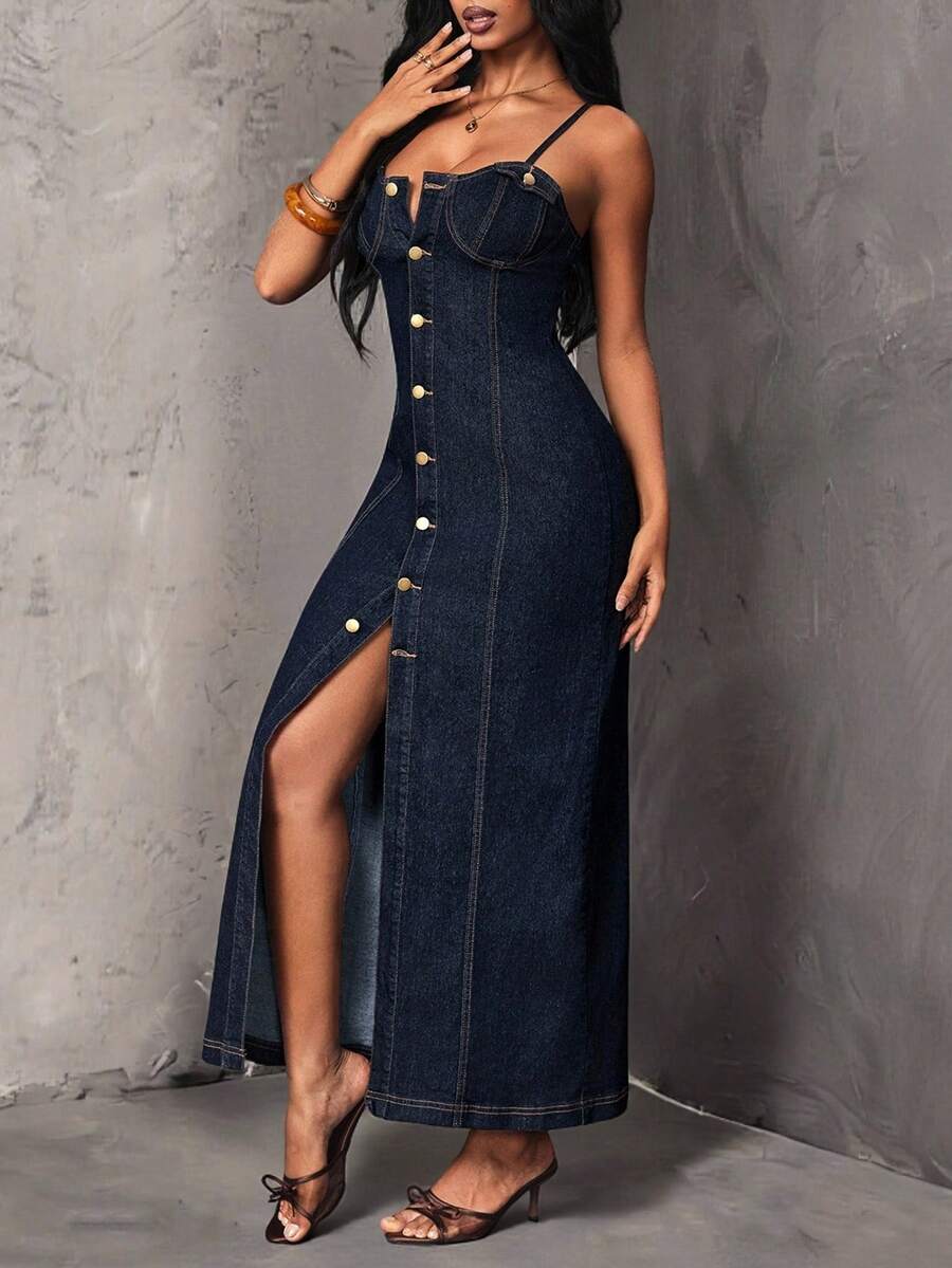 SHEIN Unity Women's Single-Breasted Slim Fit Elegant Spaghetti Strap Denim Dress - Blue - View 1
