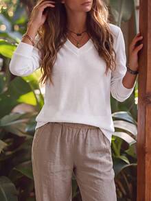 SHEIN LUNE Women's Solid Color V-Neck Long Sleeve Casual Versatile Sweatshirt - White - View 4