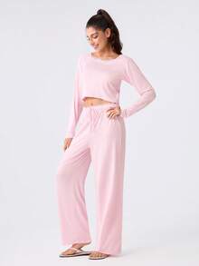 Loungeista 2pcs/Set Women's Round Neck Lace Patchwork Long Sleeve Top + Elastic Waist Long Pants Cute Loungewear Set - Pink - View 5