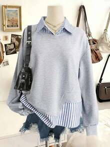 EMERY ROSE Plus Size Casual Linen Striped Patchwork Collared Pullover Sweatshirt, Fashionable & Versatile, Suitable For Autumn Daily Wear & Holidays Fall - Multicolor - View 3