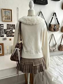 Lalippa Women's Solid Color Contrast Fur Collar Long Sleeve Knit Cardigan - Beige - View 2