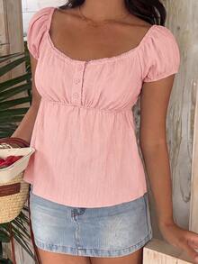 SHEIN EZwear 女款甜美鈕扣蕾絲拼接襯衫，適合度假與約會 - 粉色 - 查看 10