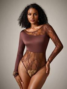 DreamPoppy Women's Sexy Lace Patchwork Long Sleeve Sheer Asymmetrical Neckline Jumpsuit - Coffee Brown - View 3