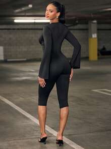 Hauture Women's Sexy Casual Solid Color Lace Panel Deep V-Neck Sexy Long Sleeve Capri Length Jumpsuit - Black - View 5