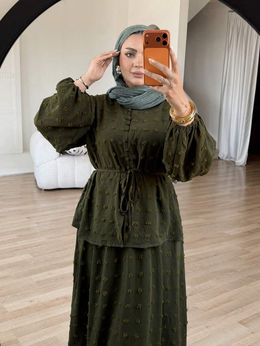 Solavon Plus Size Women's Green Ruched Long Sleeve Top And Skirt Casual 2-Piece Set - Army Green - View 1