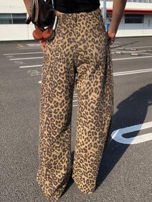 Dazy Tall Women's Leopard Print Loose Straight Leg Street Casual Denim Jeans Fall - Brown - View 5