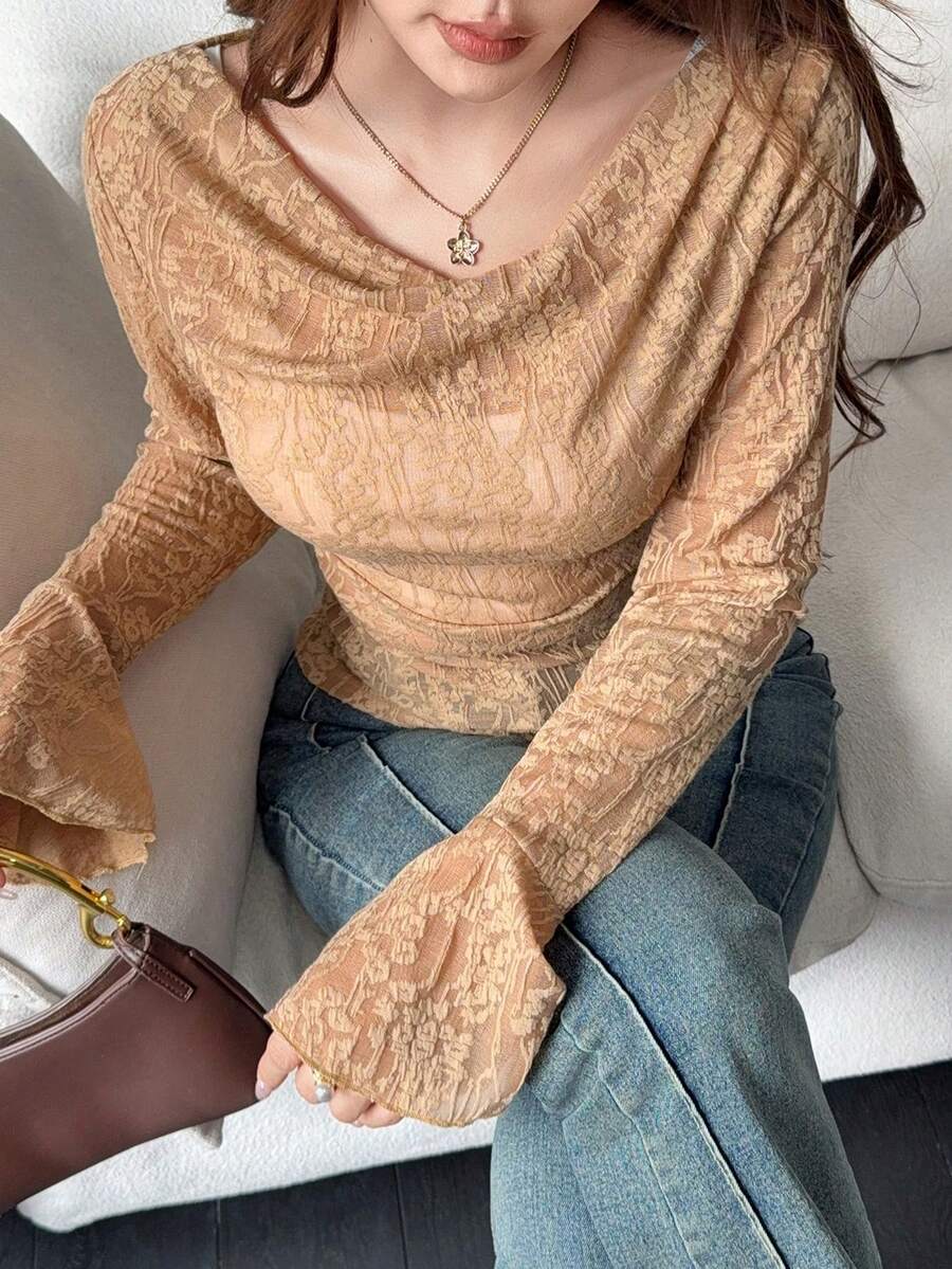Feyla Women's Lace Pleated Fitted Versatile Daily Casual T-Shirt - Coffee Brown - View 1