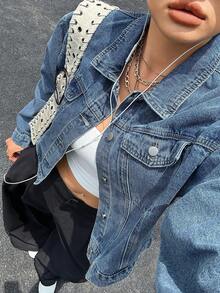 Dazy Plus Vintage Washed Western Cowboy Loose Long Sleeve Turn Collar Denim Jacket Coat Spring Autumn - Medium Wash - View 6