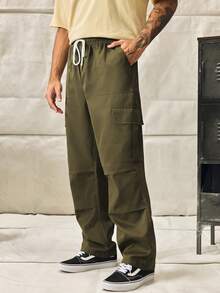 Norleigh Men's Solid Color Drawstring Waist Cargo Pocket Pleated Pants Men Army Green Plain Fabric Straight Leg Long Casual Amekaji Style With Pockets - Army Green - View 1